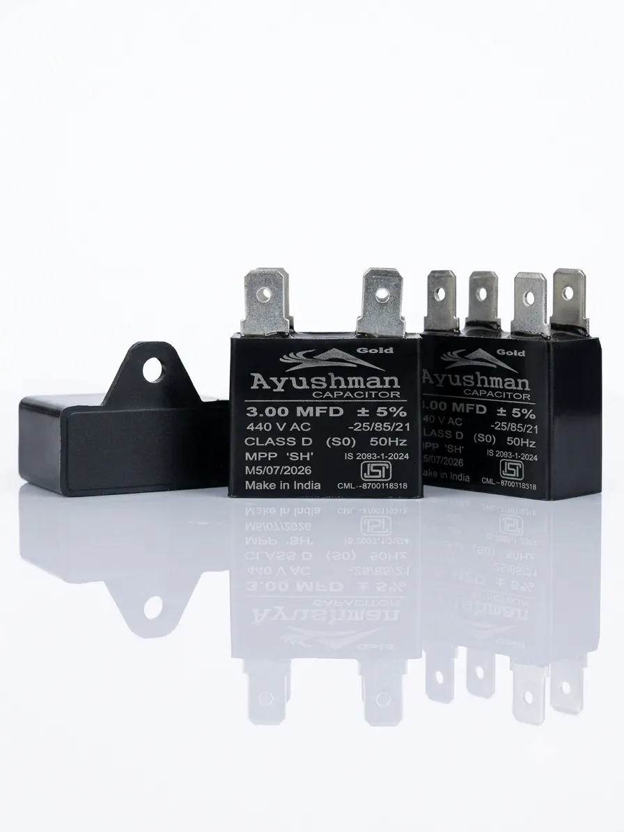 3.00MFD SQUARE PIN TYPE CAPACITOR FOR WALL FAN -AYUSHMAN & AYUSHMAN GOLD