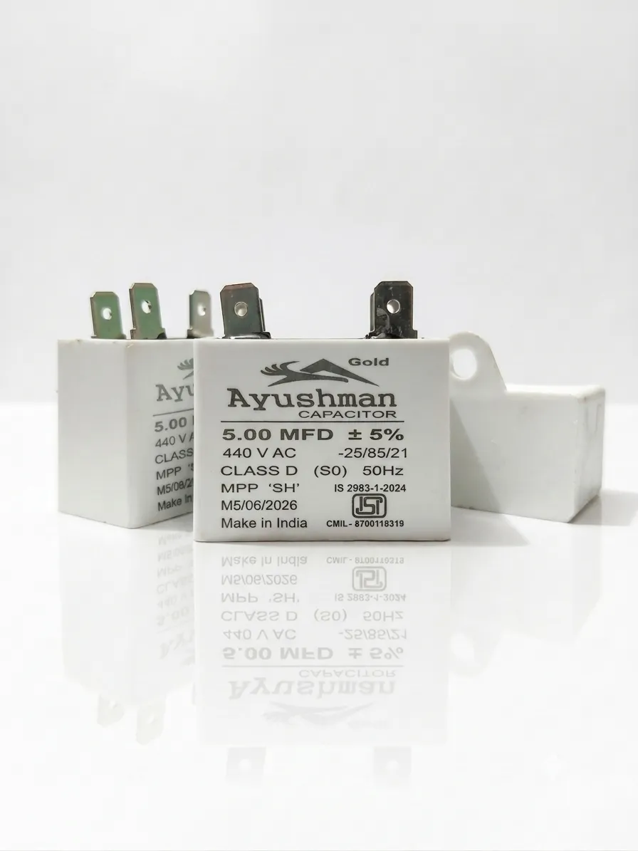 5.00MFD SQUARE PIN TYPE CAPACITOR FOR WALL FAN -AYUSHMAN & AYUSHMAN GOLD