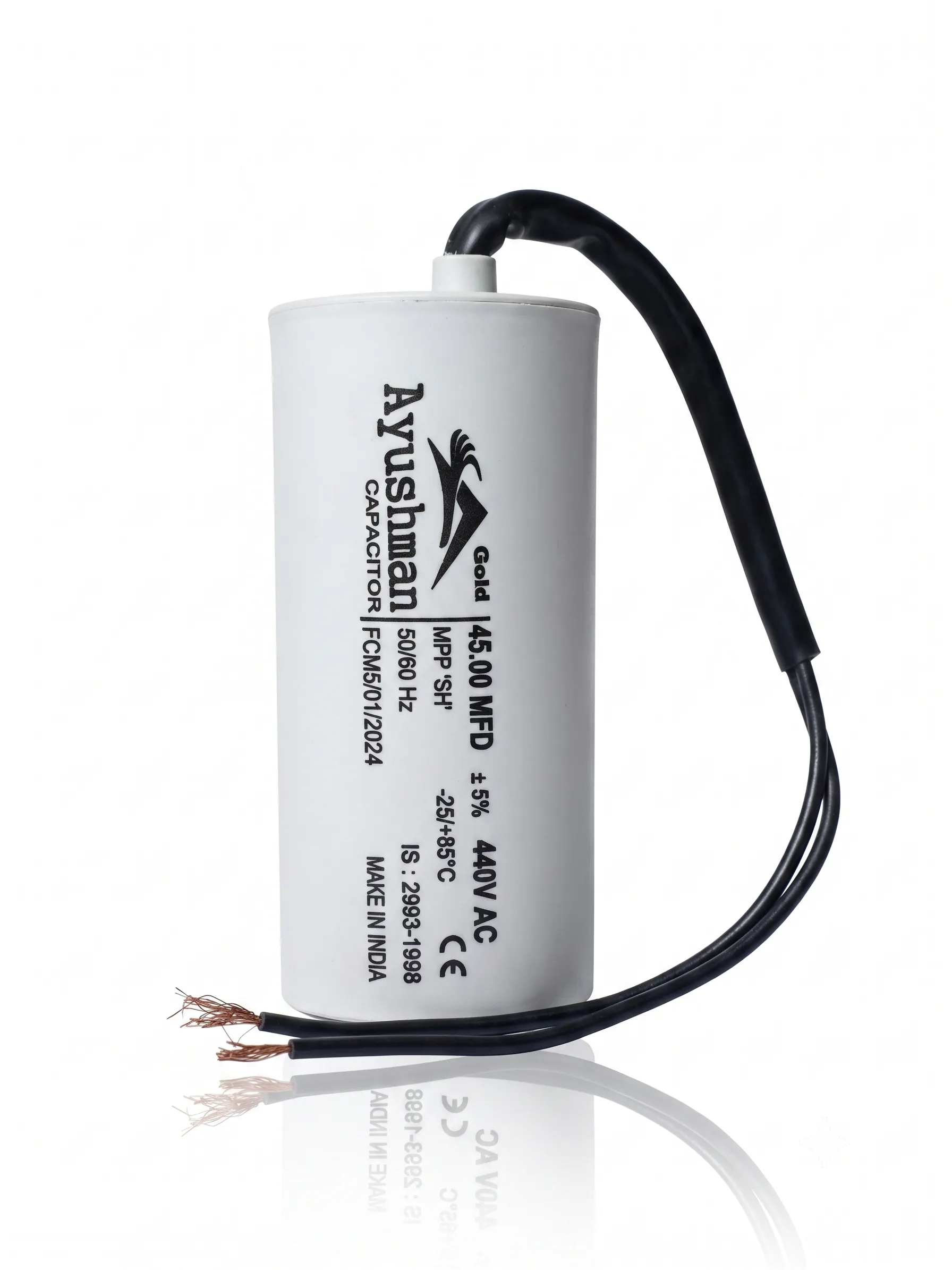 45.00MFD CAPACITOR,PP CAN, ROUND SHAPED,WIRE TYPE-AYUSHMAN & AYUSHMAN GOLD