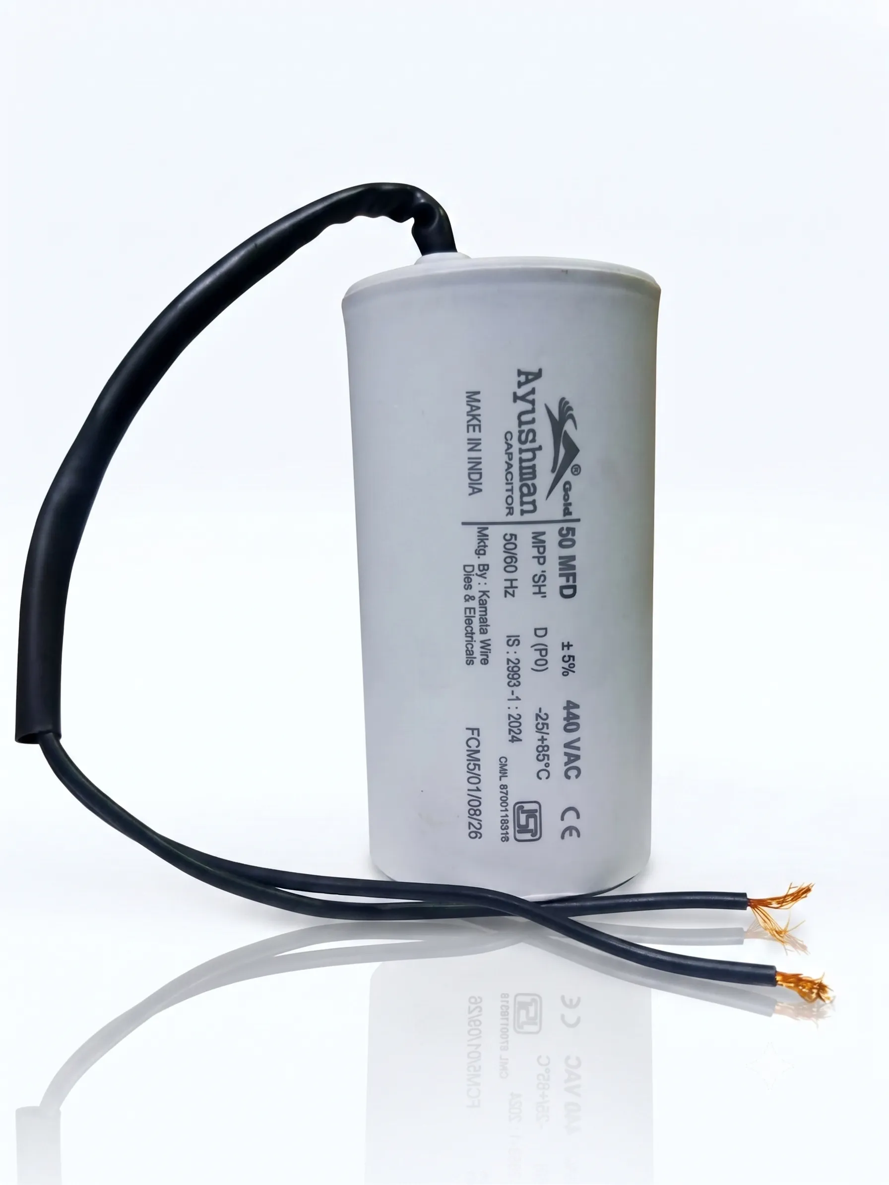50.00MFD CAPACITOR,PP CAN, ROUND SHAPED,WIRE TYPE-AYUSHMAN & AYUSHMAN GOLD