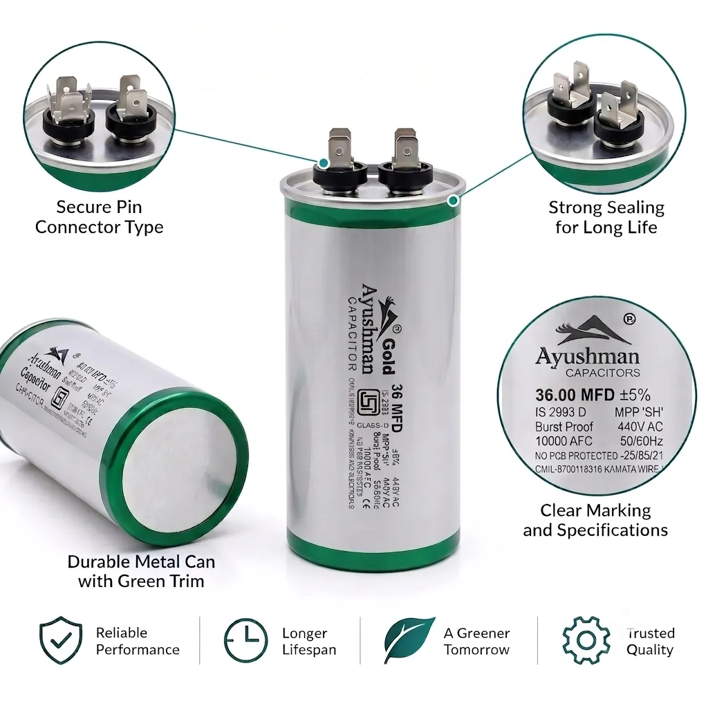 36MFD AC CAPACITOR ROUND PIN FOR AIR CONDITIONER AYUSHMAN GOLD
