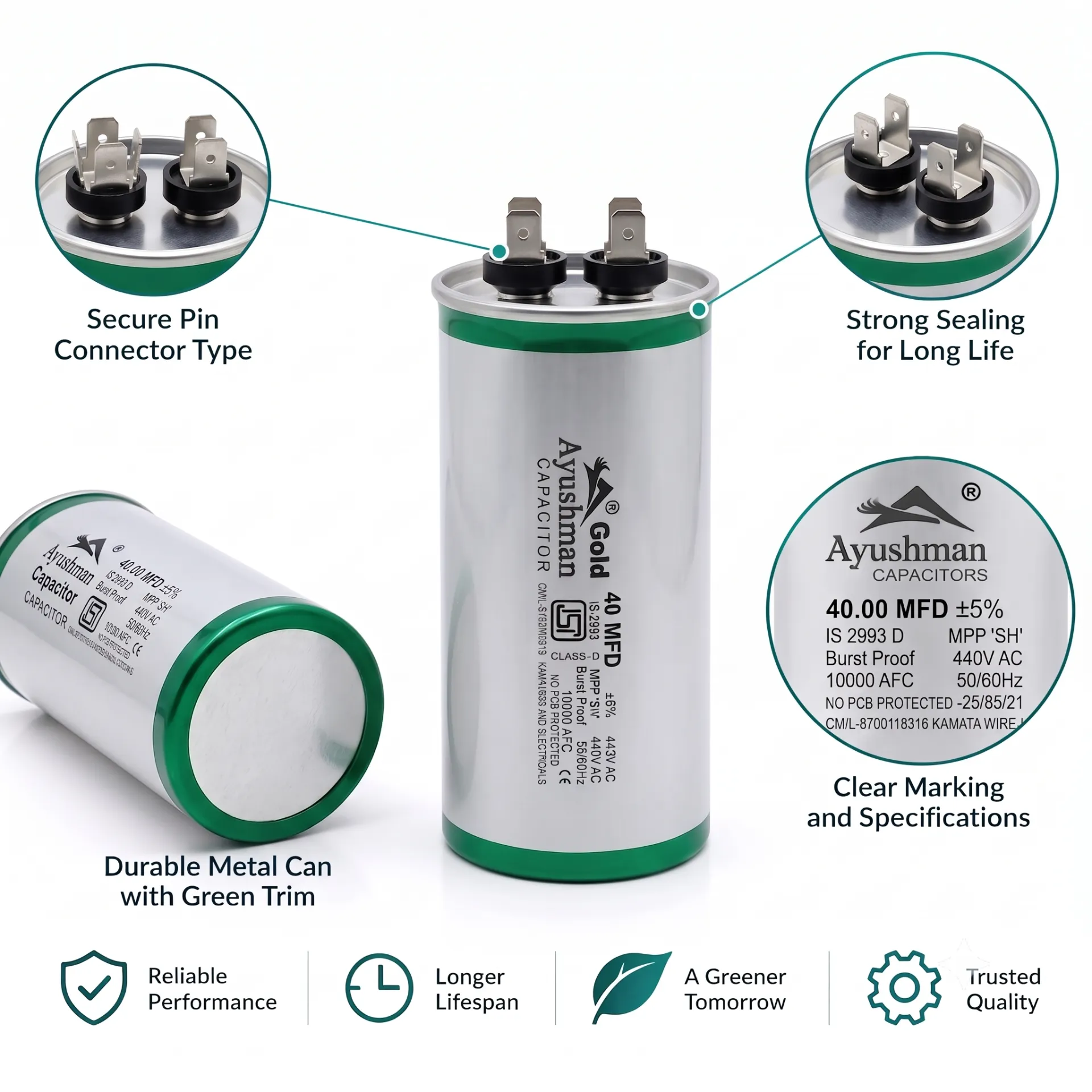 40MFD AC CAPACITOR ROUND PIN FOR AIR CONDITIONER AYUSHMAN GOLD