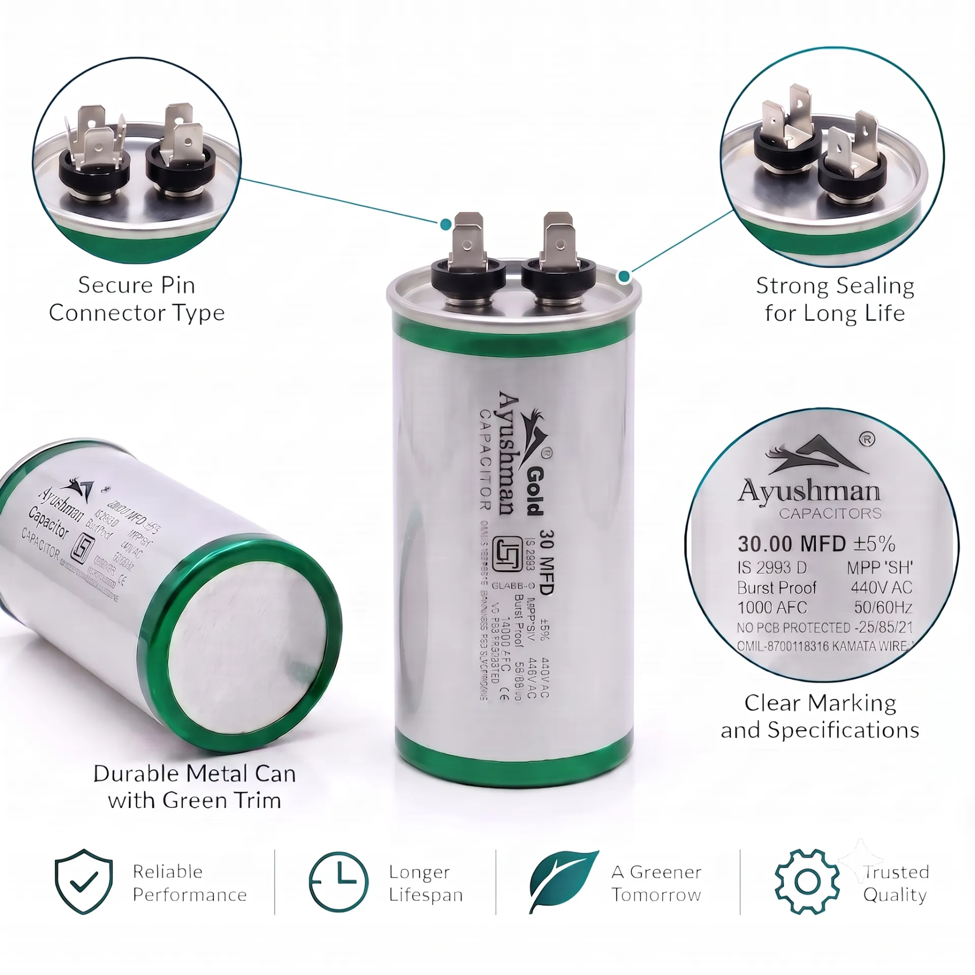 45MFD AC CAPACITOR ROUND PIN FOR AIR CONDITIONER AYUSHMAN GOLD