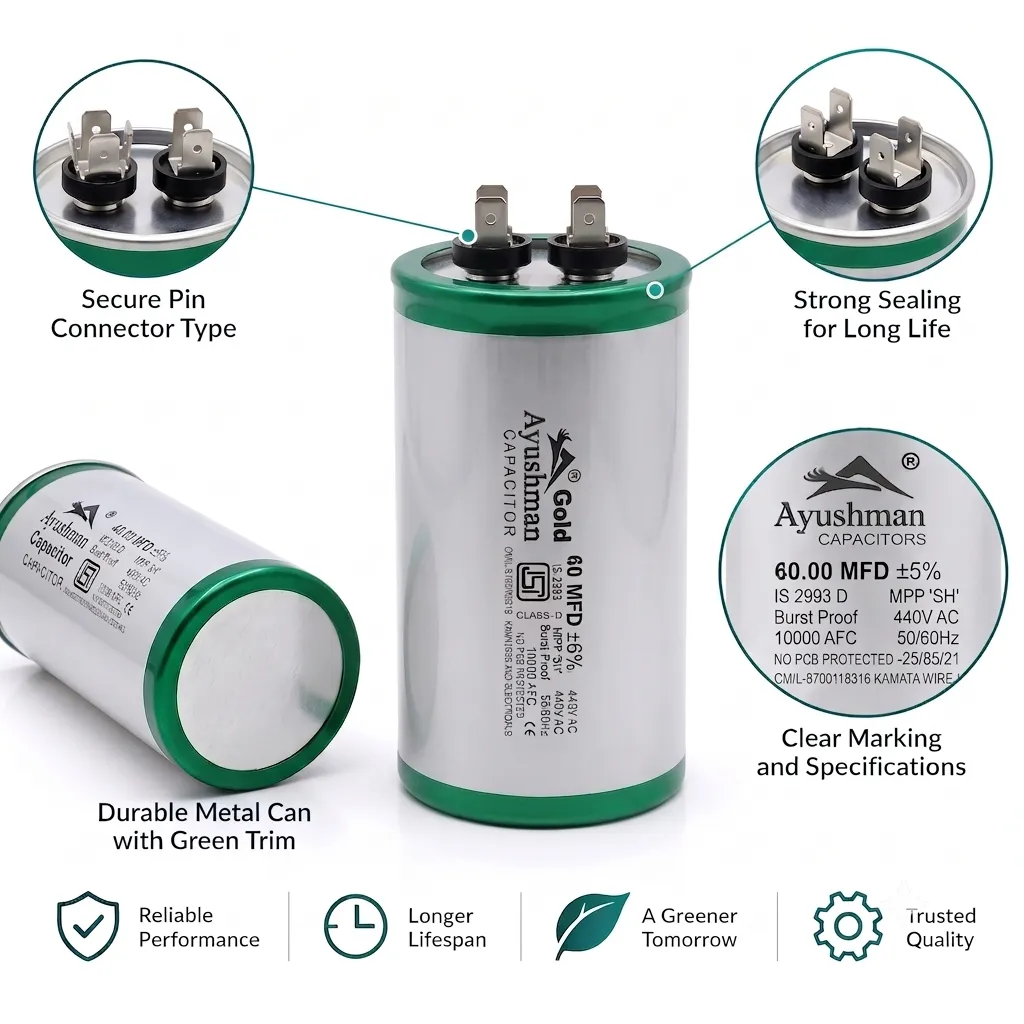 60MFD AC CAPACITOR ROUND PIN FOR AIR CONDITIONER AYUSHMAN GOLD