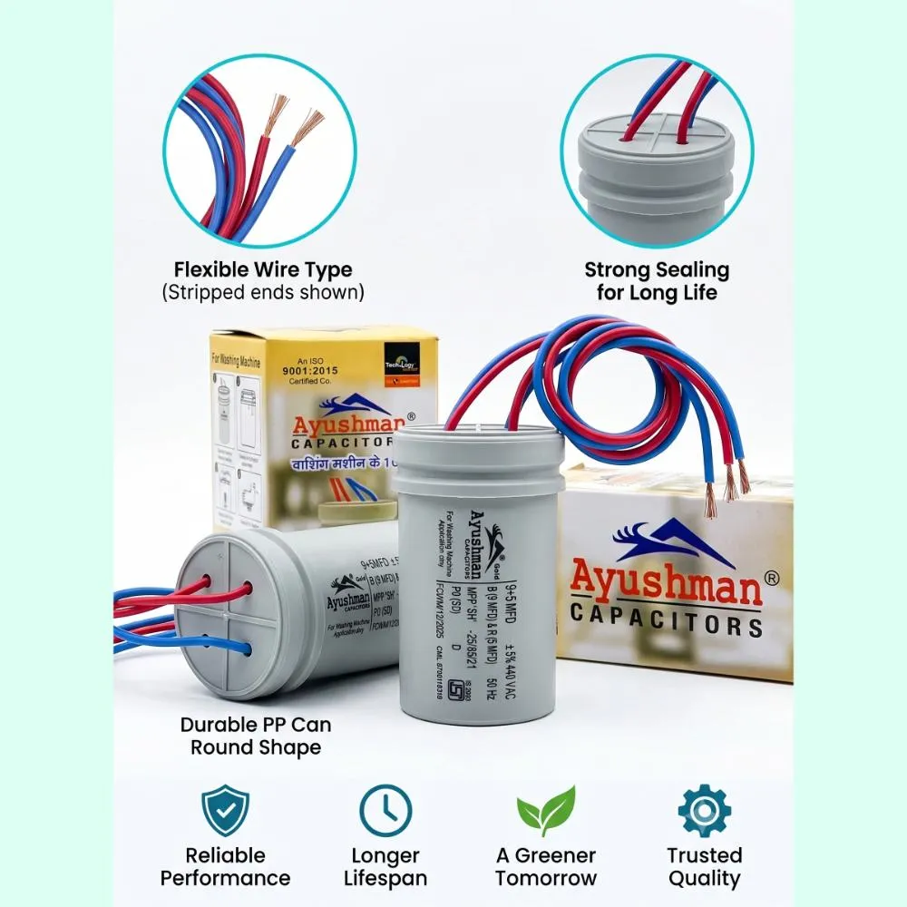9+5MFD CAPACITOR ROUND WIRE FOR WASHING MACHINE AYUSHMAN GOLD