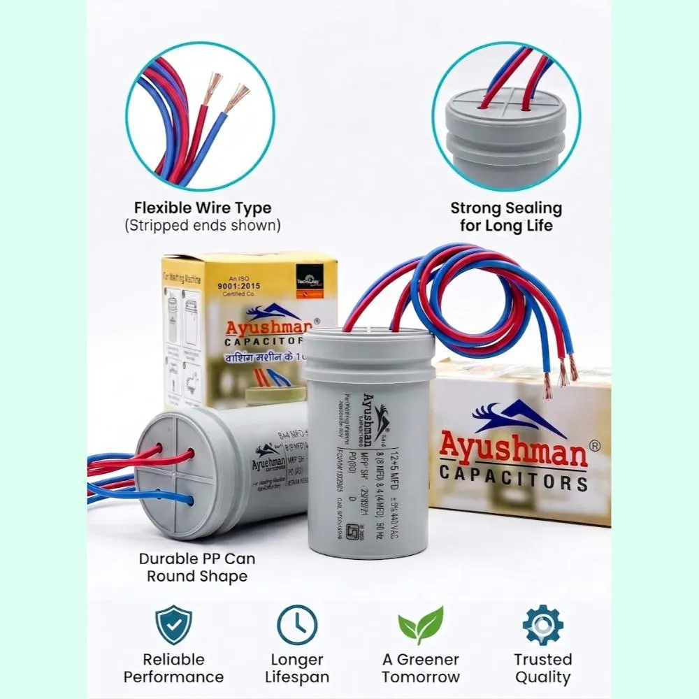 12+5MFD CAPACITOR ROUND WIRE FOR WASHING MACHINE AYUSHMAN GOLD