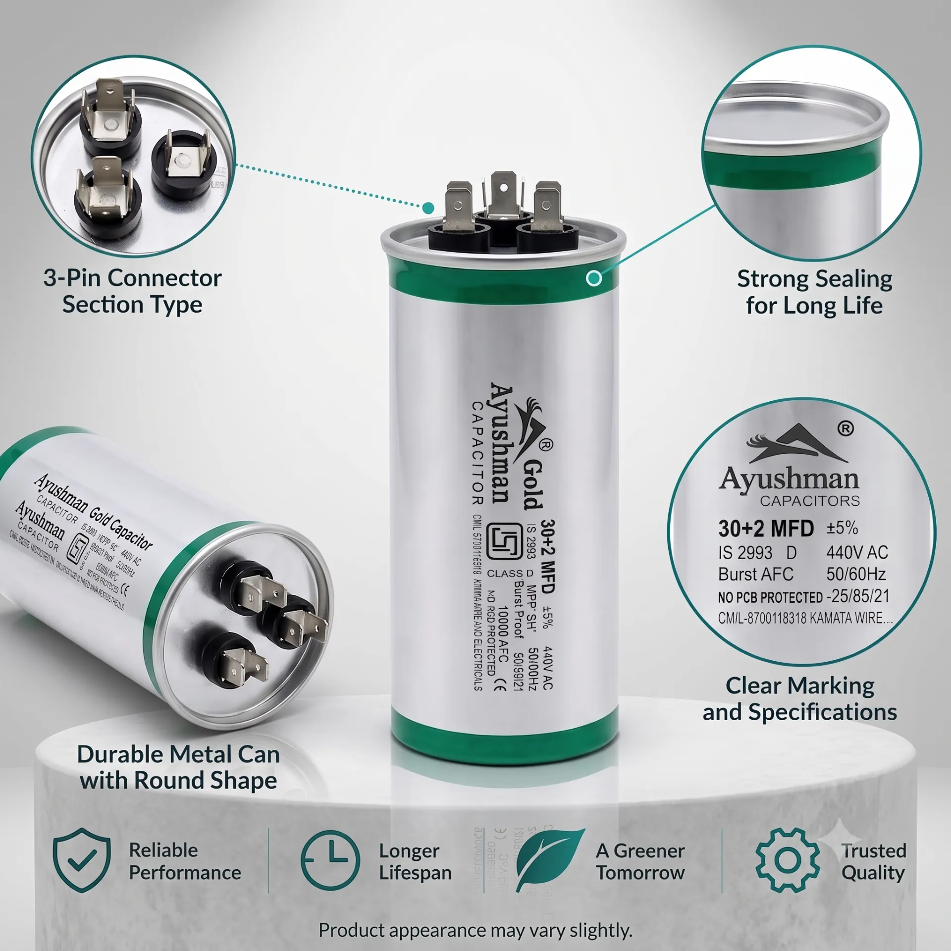 30+2MFD AC ISI AC CAPACITOR ROUND PIN FOR AIR CONDITIONER AYUSHMAN GOLD